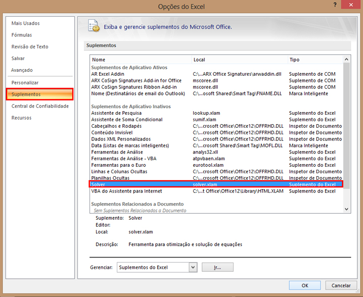 Adicionando o suplemento Solver no Excel e outros