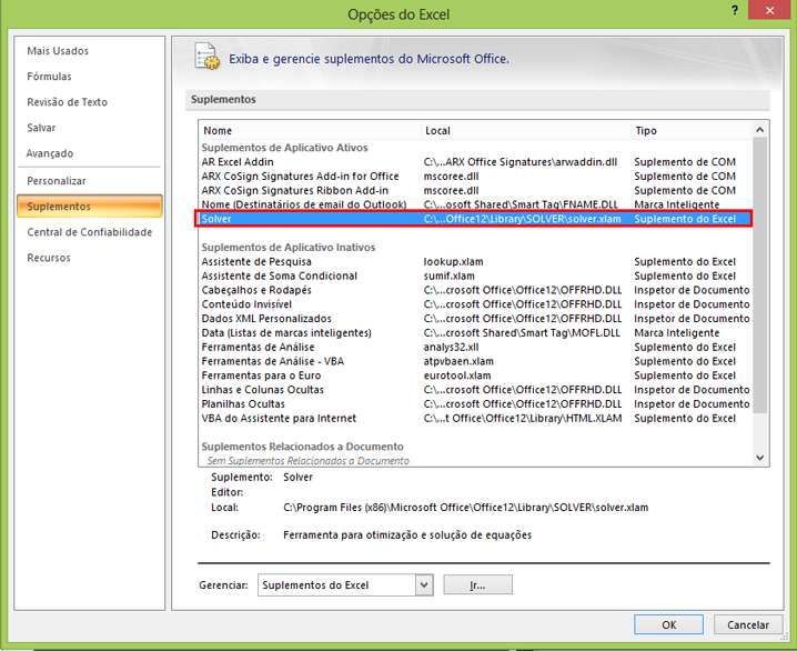 Adicionando o suplemento Solver no Excel e outros